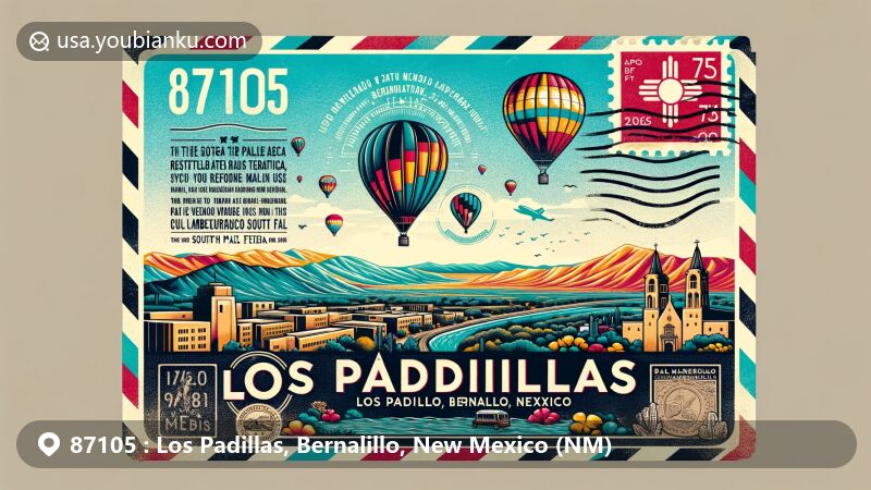 Modern illustration of Los Padillas, Bernalillo, New Mexico, showcasing airmail envelope theme with Los Padillas Historical Marker from 1718 and Rio Grande, Albuquerque International Balloon Fiesta, and New Mexico state symbols.