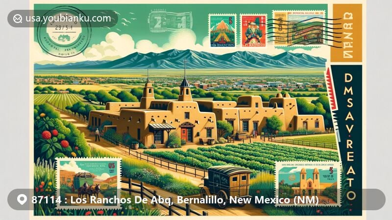 Modern illustration of Los Ranchos De Abq, Bernalillo, New Mexico (NM), featuring adobe houses, farmland, and Sandia Mountains, with a postal theme highlighting vintage postcard layout, Albuquerque's landmarks, and ZIP code 87114.