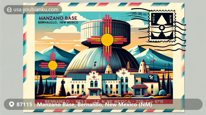 Creative postcard design for ZIP code 87115, Manzano Base, Bernalillo, New Mexico, blending natural beauty of Manzano Mountains and Cibola National Forest with symbols of military and nuclear history. Featuring New Mexico state flag and Pueblo architectural elements to emphasize local culture and highlighting postal elements like postmarks, stamps, and ZIP code 87115.