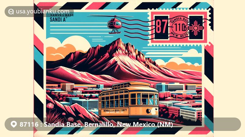 Modern illustration of Sandia Base, Bernalillo County, New Mexico, featuring ZIP code 87116, showcasing Sandia Mountains with pink hue due to potassium-feldspar crystals, depicting Sandia Peak Tramway and vintage air mail envelope.