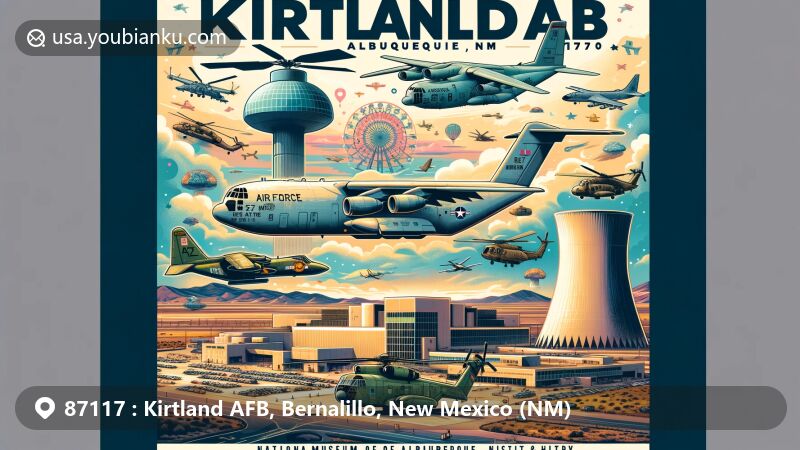 Aviation-themed postcard for Kirtland AFB, Albuquerque, NM 87117, featuring military aircraft and NM landscapes.