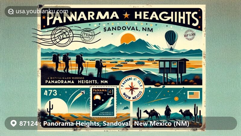 Modern illustration of Panorama Heights, Sandoval, New Mexico, featuring outdoor adventure themes like hiking and stargazing, integrated with vintage postcard elements and iconic landmarks like Bisti/De-Na-Zin Wilderness.