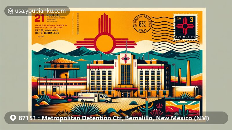 Modern illustration of Metropolitan Detention Center in Bernalillo, New Mexico, featuring Zia sun symbol and diverse landscapes, representing state's heritage and natural beauty.
