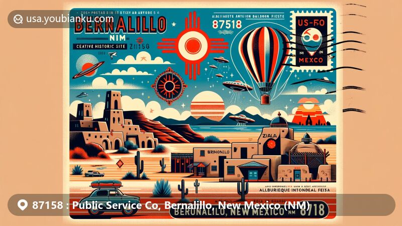 Creative depiction of ZIP code 87158, Bernalillo, New Mexico, featuring Coronado Historic Site, Zia Pueblo's sun symbol, and a nod to New Mexico's UFO culture, capturing the state's rich history and diverse landscapes.