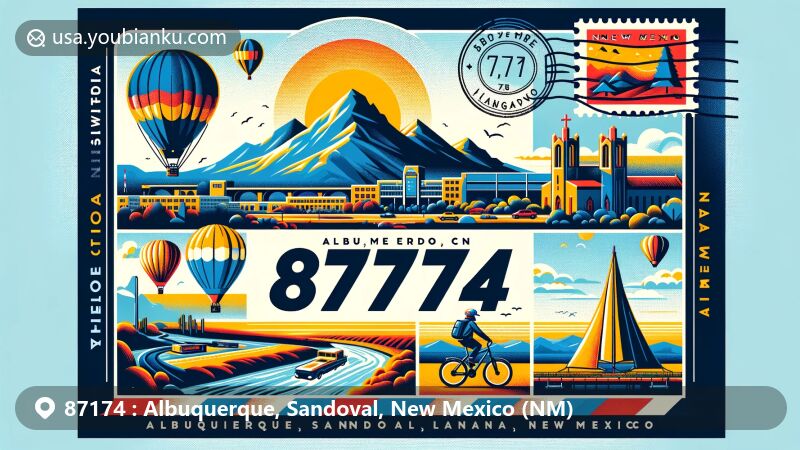 Modern illustration of Albuquerque, Sandoval County, New Mexico, highlighting the Sandia Mountains, Rio Grande, outdoor activities like hiking and ballooning, and elements of New Mexican culture.