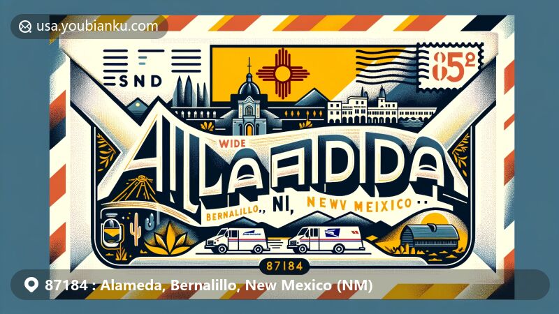 Modern illustration of Alameda, Bernalillo County, New Mexico (NM), representing postal theme with ZIP code 87184, featuring Coronado Historic Site and Zia Sun Symbol.