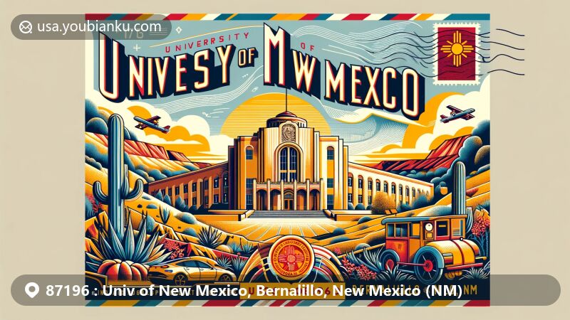 Modern illustration of the University of New Mexico in Bernalillo, NM, featuring iconic building, state flag, Indian Pueblo Cultural Center, and scenic desert and mountain landscapes; design includes air mail envelope with ZIP code 87196 for a creative postal theme.