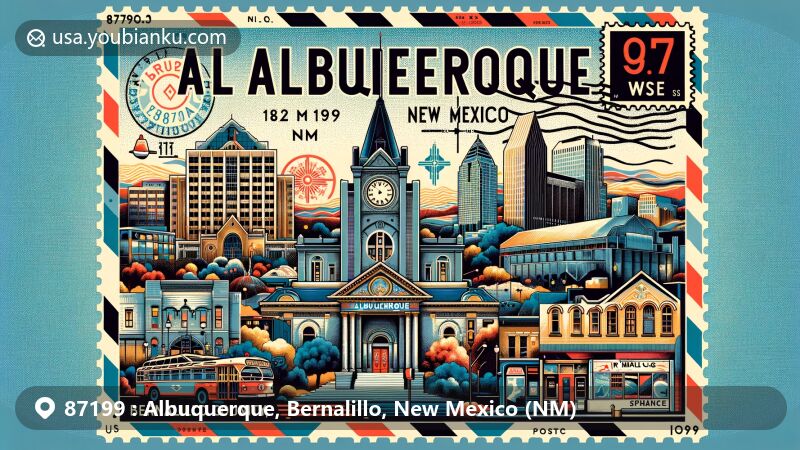 Modern illustration of Albuquerque, Bernalillo County, New Mexico, showcasing postal theme with ZIP code 87199, featuring landmarks like Old Albuquerque High School, Occidental Life Building, and Sunshine Building, along with New Mexico state flag and desert landscape.