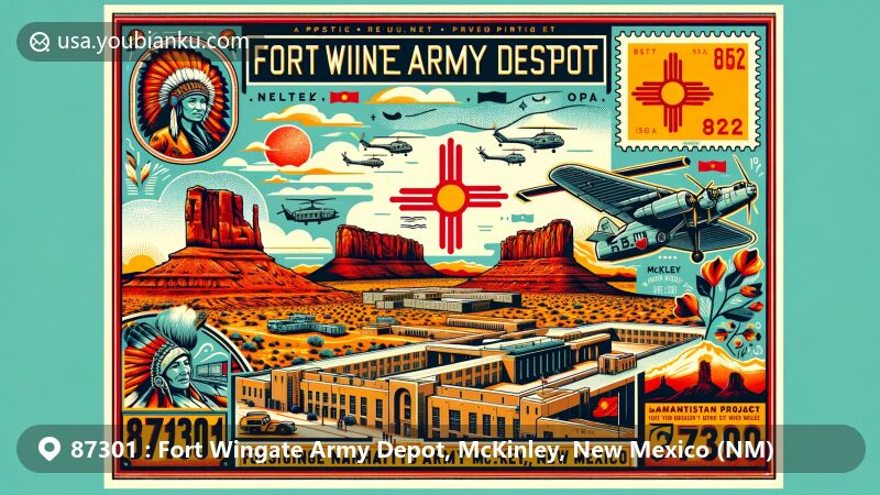Modern illustration of Fort Wingate Army Depot, McKinley, New Mexico, embodying ZIP code 87301, blending red rocks, historical fort, military and Navajo cultural symbols, Manhattan Project and Navajo Code Talkers references, with state flag, vintage air mail envelope, and New Mexico stamp.