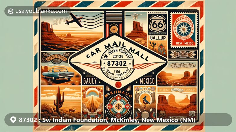 Modern illustration showcasing ZIP Code 87302 for Sw Indian Foundation, McKinley County, New Mexico, featuring vintage air mail envelope with iconic symbols representing Gallup, New Mexico, Route 66, Canyon de Chelly ruins, Zuni and Navajo reservations.