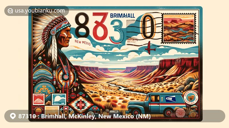 Modern illustration of Brimhall, McKinley County, New Mexico, depicting Navajo heritage, semi-arid landscapes, rolling hills, vast dry plains, and rock canyons, integrated with the story of Chief Manuelito. It resembles a creative postcard design with postal elements like stamps, '87310 Brimhall, NM' postmark, and postal truck or mailbox.