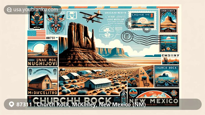 Modern illustration of Church Rock, McKinley County, New Mexico, capturing iconic geological formation and open landscapes, enriched with Native American cultural elements and postal features.