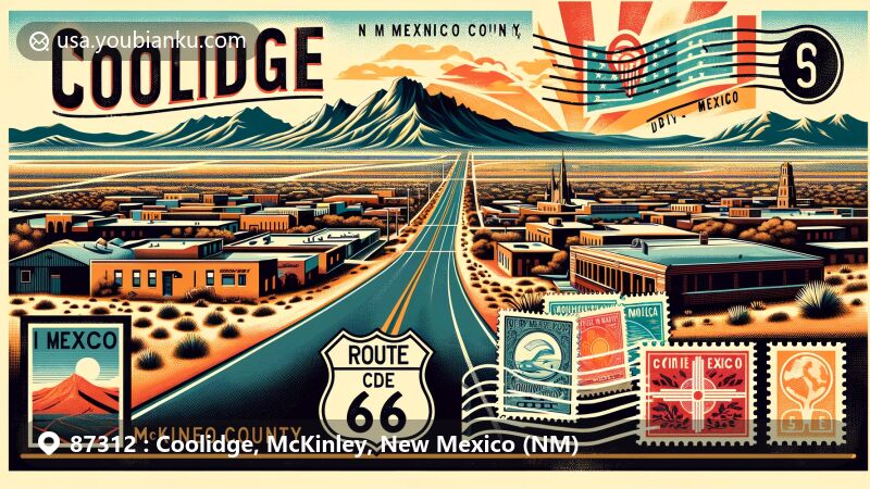 Modern illustration of Coolidge, McKinley County, New Mexico, representing historic Route 66 and desert landscape, featuring a vintage postal theme with New Mexico state flag and McKinley County outline.