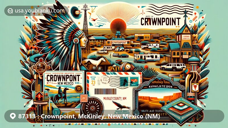 Modern illustration highlighting Crownpoint, McKinley County, New Mexico, showcasing postal theme with ZIP code 87313, featuring symbols of Navajo culture and desert landscape.