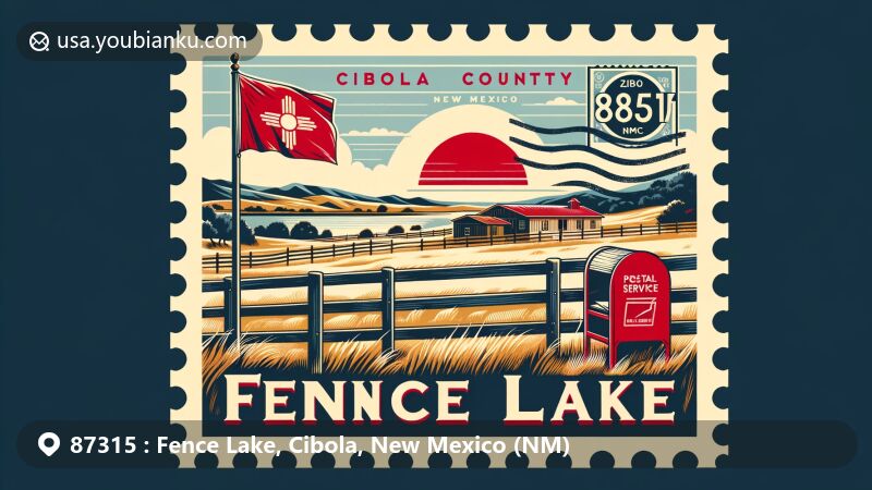 Modern illustration of Fence Lake, Cibola County, New Mexico, featuring state flag, ranchland, vintage postal elements with ZIP code 87315, red mailbox, and postmark stamp effect.