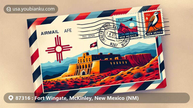 Modern illustration of Fort Wingate, New Mexico, featuring airmail envelope with postmark '87316' and 'Fort Wingate, NM', showcasing Fort Wingate silhouette, New Mexico flag, and red rock landscape.