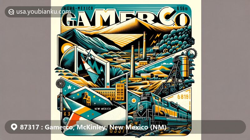 Modern illustration of Gamerco, New Mexico, highlighting postal theme with ZIP code 87317, showcasing high-altitude landscape and coal mining heritage, featuring Navajo-inspired motifs, state flag, and historical coal mine entrance.