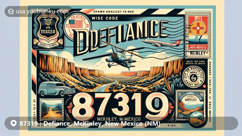 Modern illustration featuring a creative and eye-catching retro-style airmail envelope showcasing the essence of Defiance, McKinley County, New Mexico with historic Route 66 and scenic Manuelito Canyon, stylized state flag, postal cancellation with ZIP code 87319, vintage postal decorations including airmail stripes and a tribute stamp to the Navajo Nation.