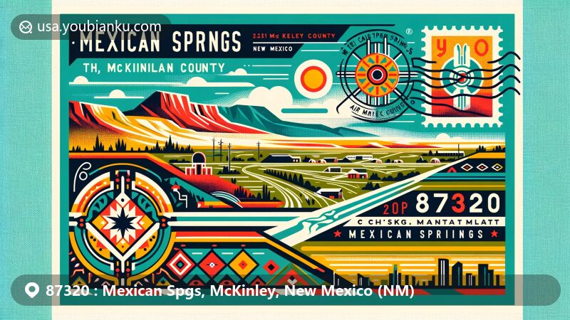 Modern illustration of Mexican Springs, McKinley County, New Mexico, styled as a postcard with ZIP code 87320, featuring Chuska Mountain foothills, Navajo design patterns, and community life in vibrant colors.