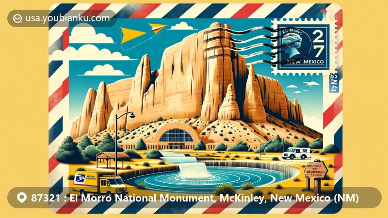 Modern illustration of El Morro National Monument in McKinley County, New Mexico, with iconic sandstone bluffs and water pool, featuring air mail envelope design with postal elements and New Mexico state flag.