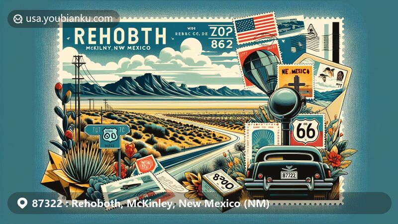 Modern illustration of Rehoboth, McKinley County, New Mexico, capturing postal theme with ZIP code 87322, featuring state flag, McKinley County silhouette, Route 66 reference, and local flora in semi-arid climate.