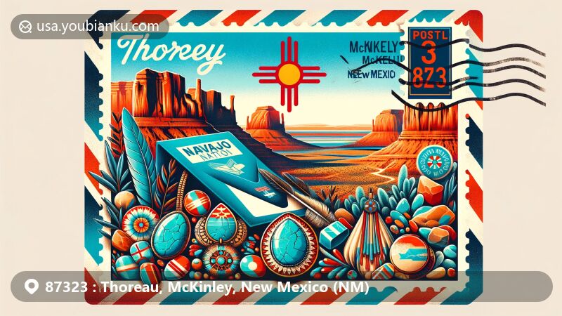 Modern illustration of Thoreau, McKinley, New Mexico, featuring Native American (Navajo) culture, Colorado Plateau landscape, and postal theme with ZIP code 87323, showcasing Navajo Nation flag, sandstone formations, and traditional Navajo jewelry elements like turquoise.