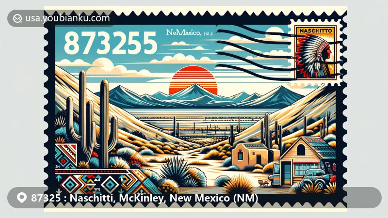 Modern illustration of Naschitti, McKinley County, New Mexico, highlighting ZIP code 87325, showcasing Chuska Mountains and Navajo cultural elements, integrating desert landscapes and postal theme.