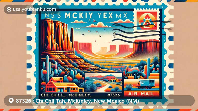 Modern illustration of Chi Chll Tah area in McKinley County, New Mexico, corresponding to ZIP code 87326, featuring a postal theme with prominent display of the ZIP code, showcasing typical New Mexican landscapes like mesas or desert plants, and paying artistic tribute to the Navajo culture, highlighting the natural beauty and cultural significance of the region.