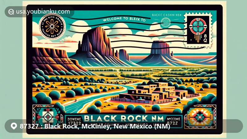 Modern illustration of Black Rock, McKinley County, New Mexico, with Zuni Pueblo and Dowa Yalanne as central figures, featuring symbols of Zuni artistry and vibrant postal theme.