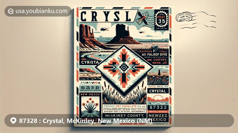 Modern illustration of Crystal, McKinley County, New Mexico, featuring postal theme with ZIP code 87328, showcasing Navajo heritage, Early Crystal style Navajo wool rug, Frog Rock, and desert scenery.