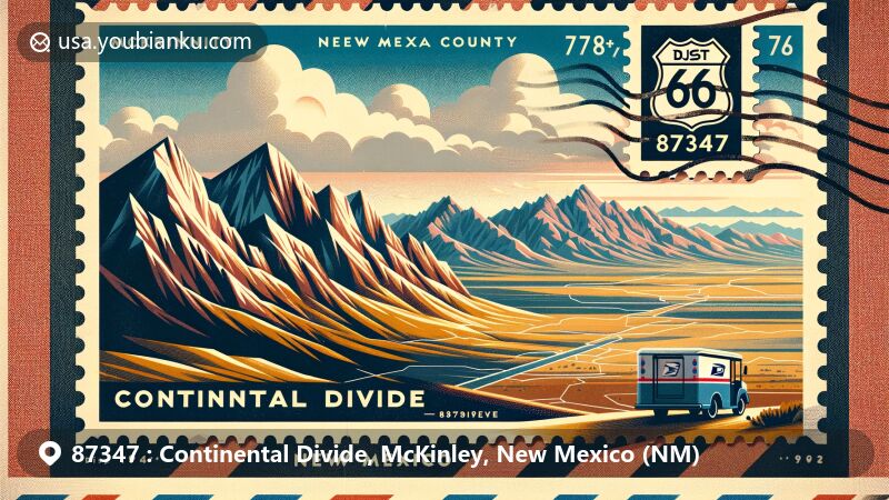 Modern illustration of Continental Divide, McKinley County, New Mexico, showcasing postal theme with ZIP code 87347, featuring iconic Route 66 sign and diverse New Mexico terrains.