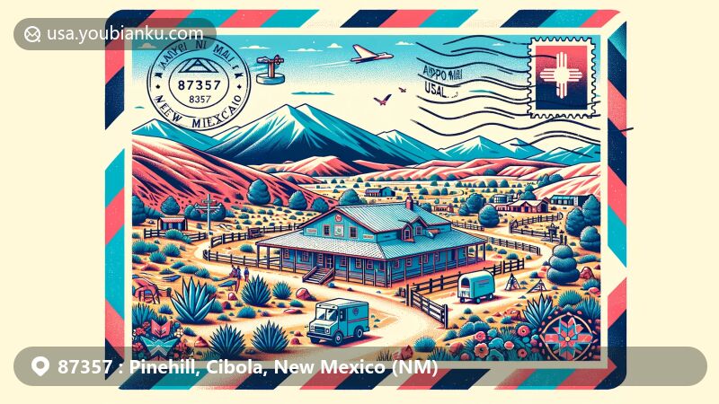 Modern illustration of Pinehill, New Mexico, showcasing the ZIP code 87357 on the Ramah Navajo Indian Reservation, featuring high desert terrain, mountains, and local landmarks like the Pine Hill Health Clinic. Design inspired by airmail envelope with Navajo patterns, emphasizing outdoor activities and postal theme.