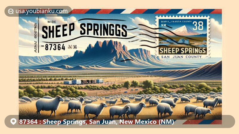 Modern illustration of Sheep Springs, San Juan County, New Mexico, featuring Chuska Mountains backdrop, sheep grazing scene, vintage airmail envelope format, and postal elements like stamp and postmark.