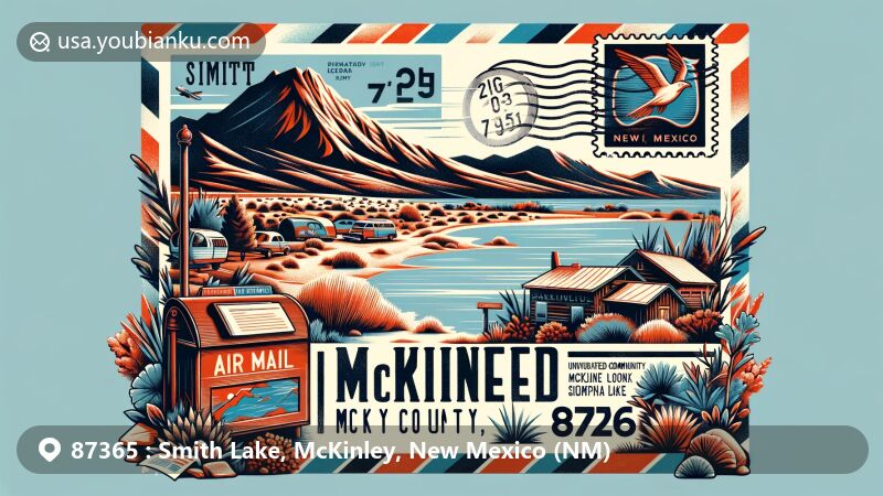 Modern illustration of Smith Lake, McKinley County, New Mexico, depicting landmarks like Mount Powell and New Mexico State Road 371 at 7,260 feet elevation, showcasing postal theme with vintage air mail envelope and ZIP code 87365.