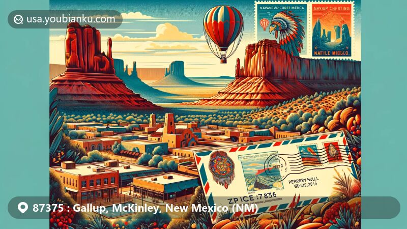 Contemporary illustration of Gallup, New Mexico, with postal theme and iconic Church Rock, showcasing Native American culture and Route 66 vibe, featuring ZIP code 87375 and hot air balloon symbolism.