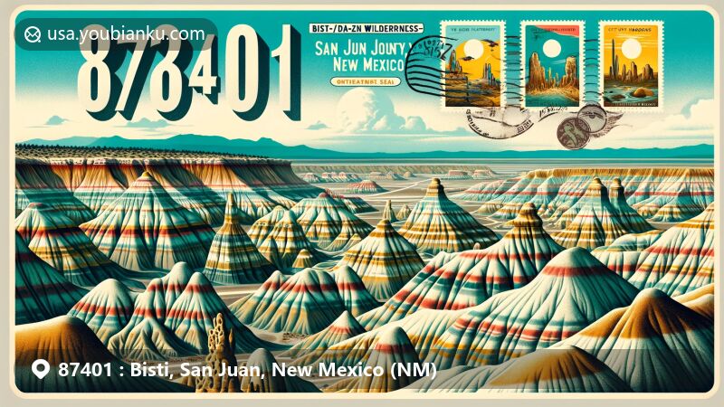 Modern illustration of the Bisti area in San Juan County, New Mexico, highlighting unique hoodoo rock formations, colorful sedimentary landscapes, and ancient sea elements. Features vintage stamps of hoodoos, the Egg Hatchery, and the City of Hoodoos with ZIP code 87401.