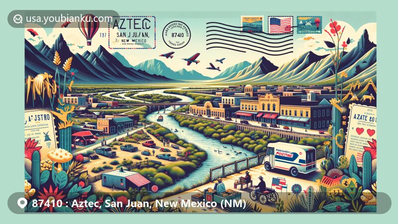 Modern illustration of Aztec, San Juan County, New Mexico, capturing unique geographical features like the San Juan River and Chuska and Carrizo mountains, and reflecting small-town charm with historic downtown, outdoor activities, and hinting at cultural events like Fiesta de los Niños.