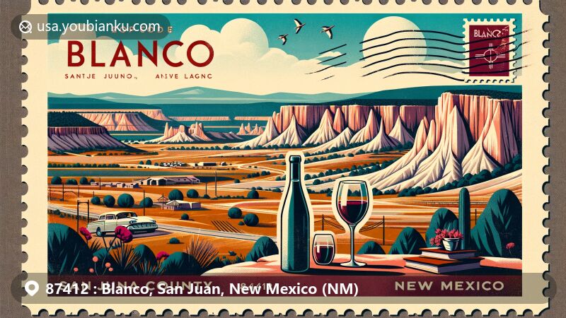 Modern illustration of Blanco area, San Juan County, New Mexico, with ZIP code 87412, featuring sandstone cliffs and wine culture from Wines of the San Juan vineyard.
