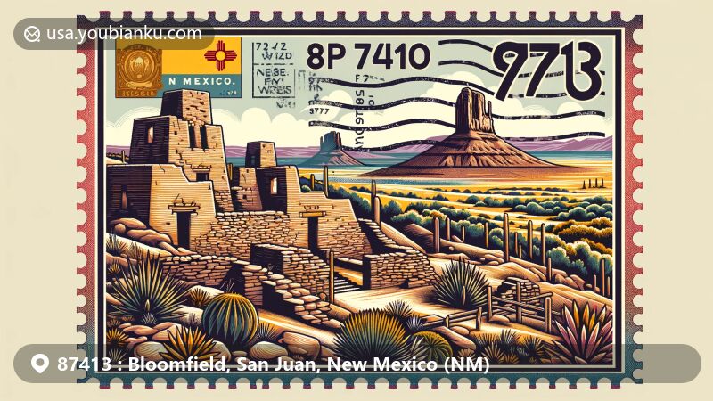 Modern illustration of Bloomfield, New Mexico, portraying ZIP code 87413, featuring Salmon Ruins, New Mexico state symbols, desert landscapes, and vintage postage stamp frame.