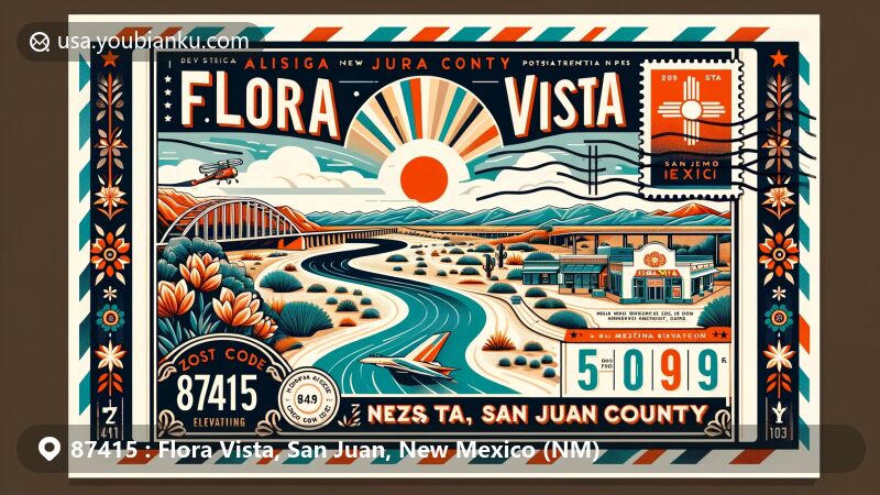 Creative and modern wide-format illustration of Flora Vista, San Juan County, New Mexico, showcasing local landscapes and cultural elements, including the Animas River, high-desert environment, postal marks, New Mexico state flag, and ZIP code 87415.