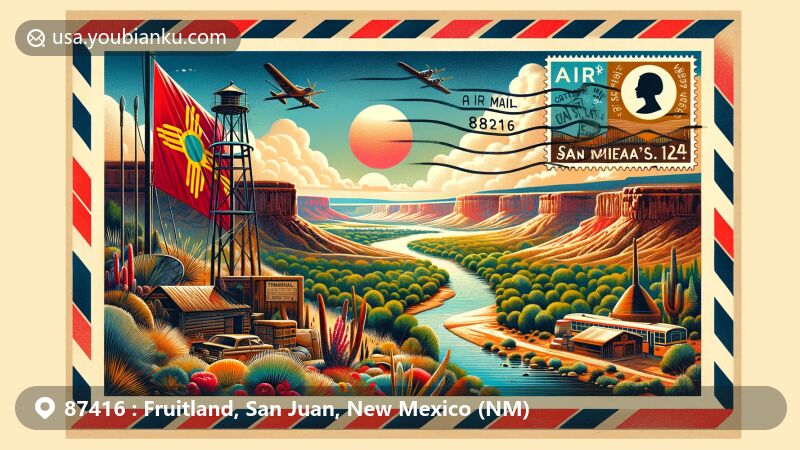 Modern illustration of Fruitland, San Juan County, New Mexico, highlighting San Juan River, Navajo Nation symbols, Fruitland Formation, and airmail envelope with New Mexico state flag stamp and ZIP code 87416.