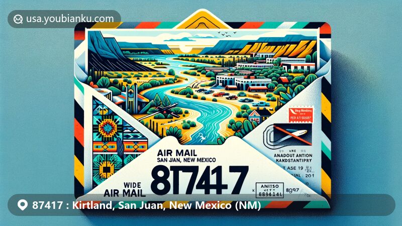 Modern illustration of Kirtland, San Juan County, New Mexico, featuring a colorful airmail envelope with clear '87417' ZIP code, capturing essence of the region with Animas River and connection to Navajo Nation.
