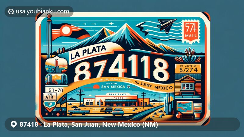Modern illustration of La Plata, San Juan County, New Mexico, showcasing postal theme with ZIP code 87418, featuring desert landscape, town elevation of 5,787 feet, and local post office symbols.