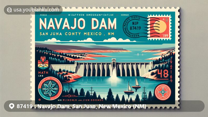 Modern illustration of Navajo Dam, San Juan County, New Mexico, highlighting iconic status with Navajo Lake, surrounded by pinon and juniper woodlands, featuring a postcard design with ZIP code 87419.