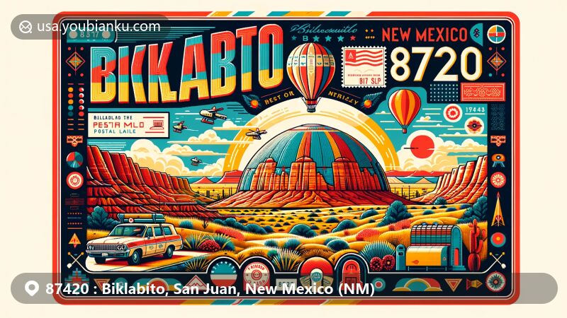 Modern illustration of Beclabito Dome, San Juan County, New Mexico, capturing the natural beauty of the red rock formations and domed structure, infused with Navajo heritage elements and postal theme for ZIP code 87420.
