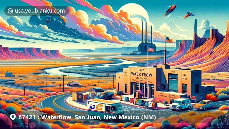 Illustration of Waterflow, New Mexico, featuring ZIP Code 87421, showcasing the high desert valley landscape with the San Juan River and San Juan Generating Station, blending industrial and natural elements.