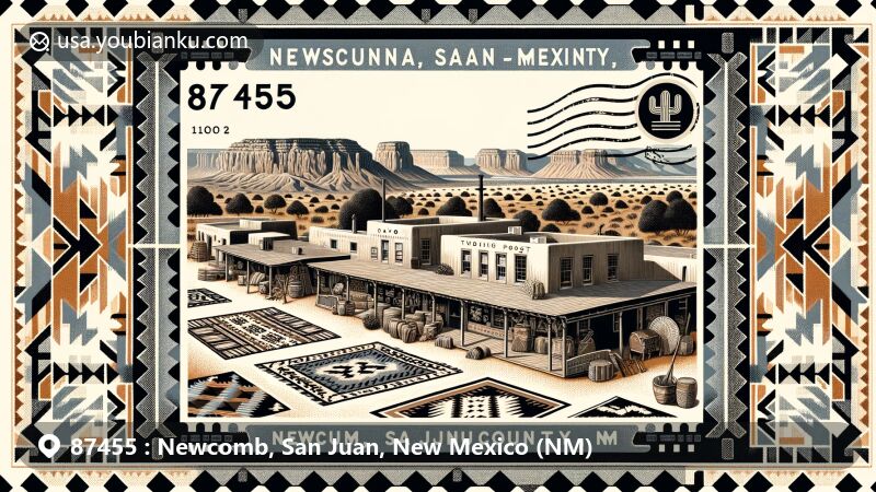 Modern illustration of Newcomb, San Juan County, New Mexico, featuring Toadlena Trading Post and Weaving Museum, showcasing Navajo rugs and traditional postal theme with ZIP code 87455.