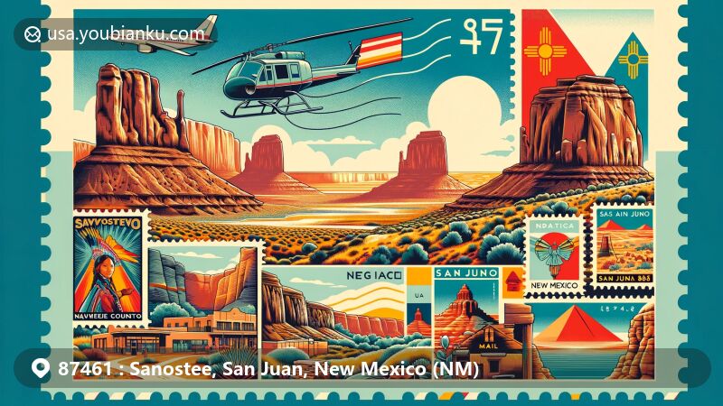 Modern illustration of Sanostee, New Mexico, highlighting iconic Shiprock Pinnacle, Aztec Ruins, San Juan River, and landscapes of Navajo Nation, creatively integrated into air mail envelope with vintage-style postage stamps.
