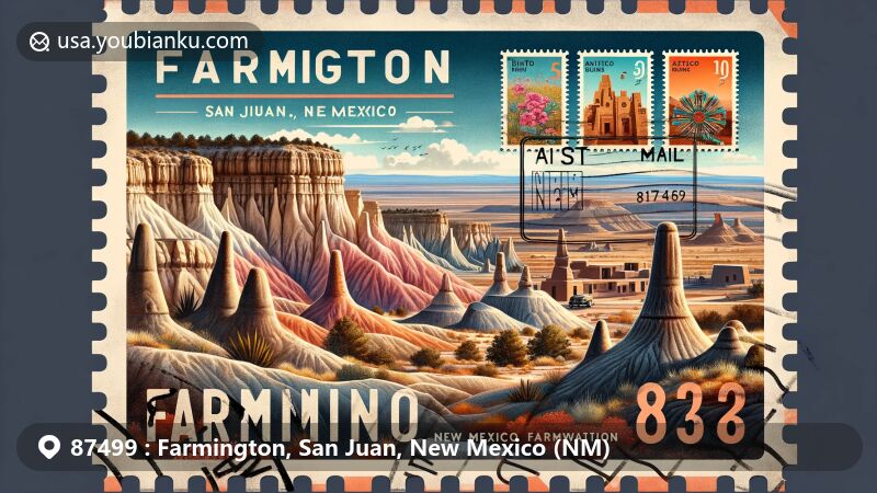 Modern illustration of Farmington, New Mexico, combining landscapes and cultural elements with postal themes, showcasing Bisti/De-Na-Zin Wilderness and Aztec Ruins National Monument.