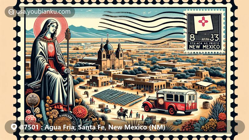 Modern illustration of Agua Fria, Santa Fe, New Mexico, capturing ZIP code 87501 essence with San Isidro, New Mexico History Museum, vintage postcard theme, and desert landscape.